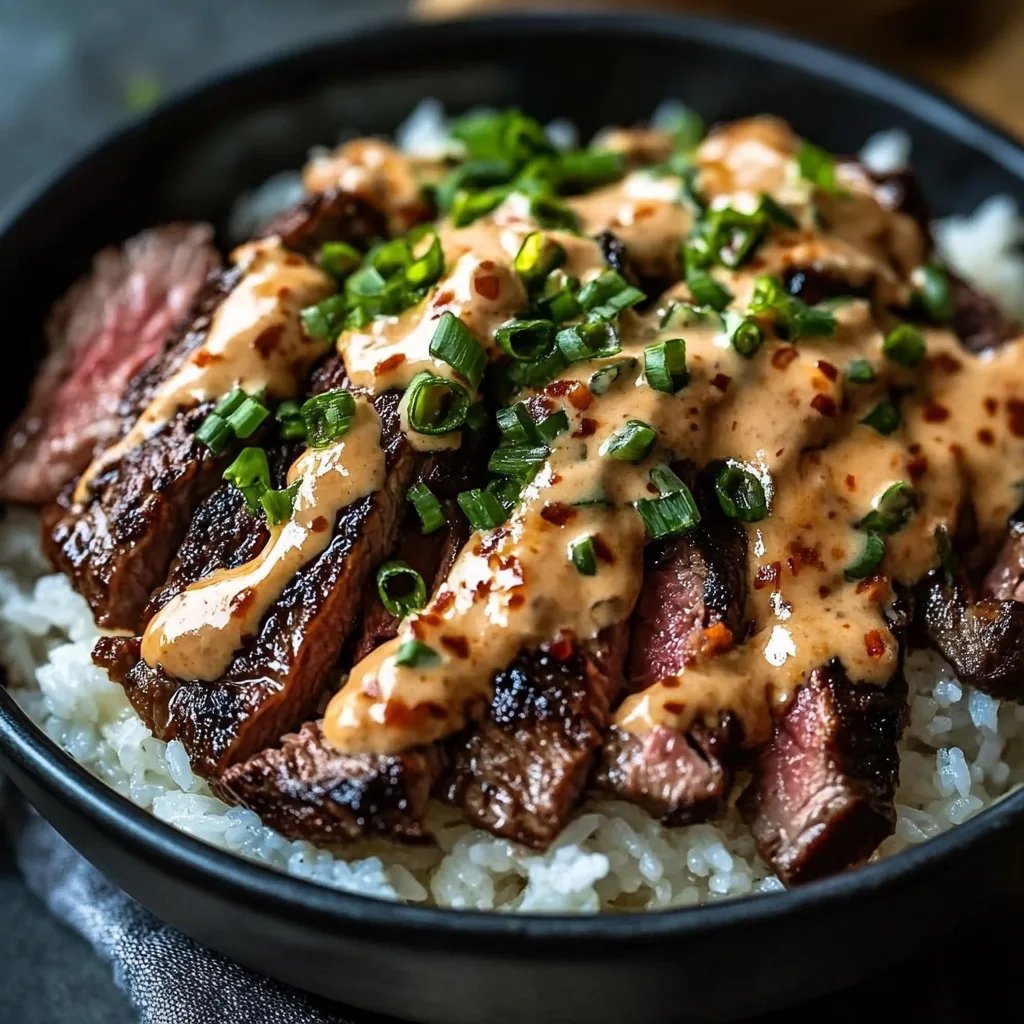 Korean BBQ Steak Rice Bowls with Spicy Cream Sauce